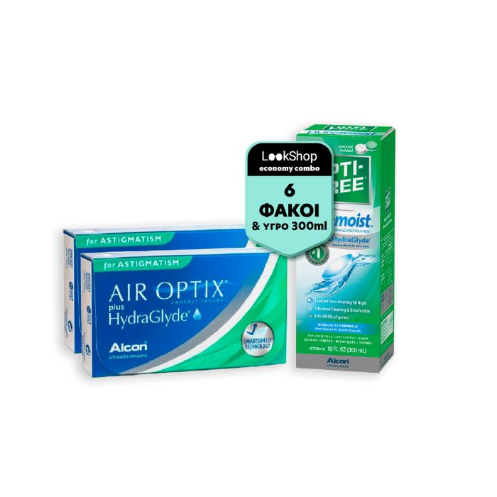2 κουτιά Air Optix Plus Hydraglyde for Astigmatism ( 3 φακοί ) + Opti-Free Pure Moist 300ml